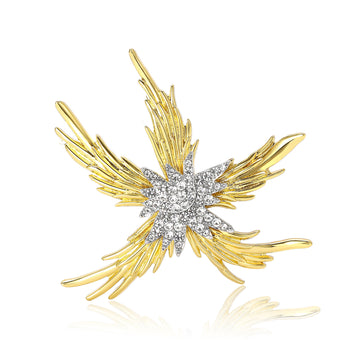 Gold Tone Radiating Feather Brooch With Crystal Flower Center