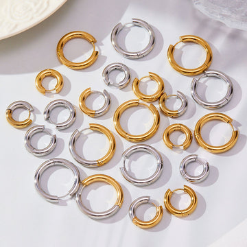 Thick Hoop Huggie Earrings Gold Steel Two-Tone Sizes