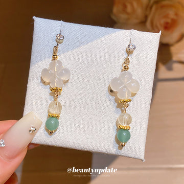 White Flower and Green Bead Hook Earrings Statement Jewelry
