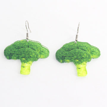 Silver Tone Realistic Broccoli Vegetable Hook Earrings