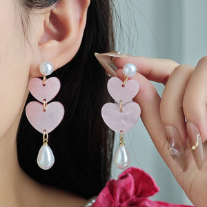 Pink Acrylic Double-Heart Drop Earrings with Pearl-Look Teardrop