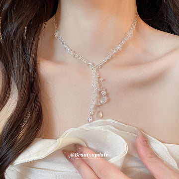 Clear Crystal Beaded Y Drop Tassel Necklace Statement Jewelry Design