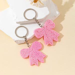 Pink Beaded Bow Charm Keychain With Silver Split Ring