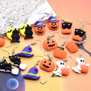 Mini Halloween Pumpkin Ghost and Cat Drop Earrings