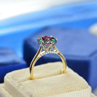 Gold Tone Rainbow Crystal Six Prong Ring Polished Statement Fashion Jewelry displayed from the front