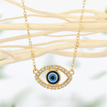 Gold Tone Crystal Halo Blue Evil Eye Chain Pendant Necklace