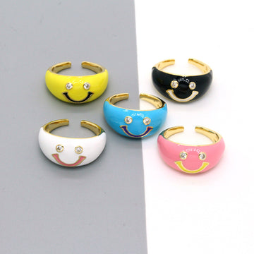 Gold Tone Wide Enamel Crystal Smiley Adjustable Rings in Five Colors