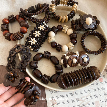 Wood Coconut Shell Stretch Bracelets Round Disc Flower 5 Styles
