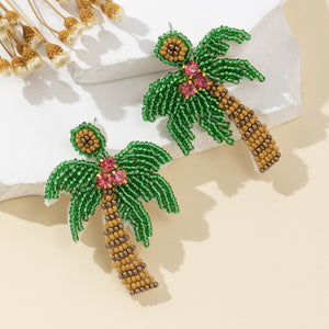 Beaded Palm Tree Coconut Stud Earrings With Pink Rhinestones