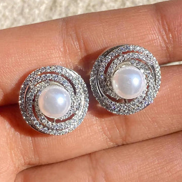Silver Tone Pearl Stud Earrings with Double Clear Stone Halos