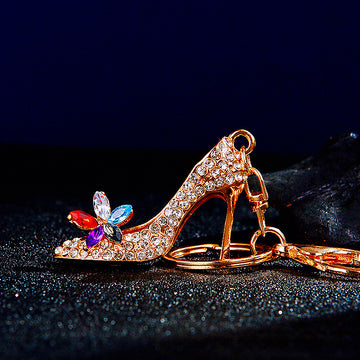Crystal Floral High Heel Shoe Keychain with Gold Tone Hardware
