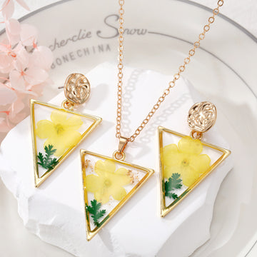 Gold Tone Triangle Yellow Pressed Flower Necklace and Earring Set