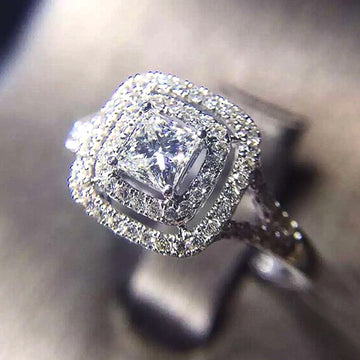 Square Crystal Double Halo Ring With Slim Band in Silver Tone