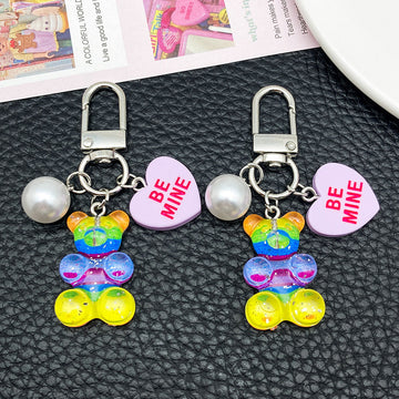 Transparent Resin Bear Pearl and Heart Metal Clasp Keychain Pair