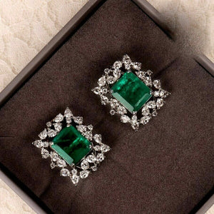 Green Rectangular Center Crystal Halo Stud Earrings Silver Tone