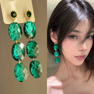 Emerald Green Triple Crystal Statement Drop Earrings
