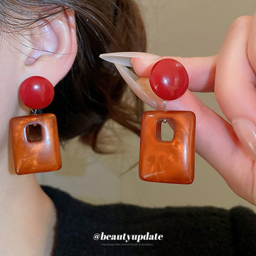 Red Round and Amber Open Rectangle Drop Stud Earrings