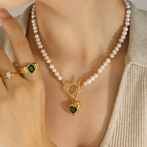 Pearl Strand Toggle Clasp Heart Zircon Pendant Necklace