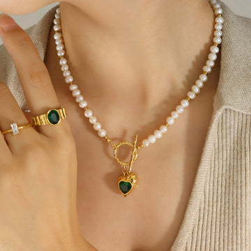 Pearl Strand Toggle Clasp Heart Zircon Pendant Necklace