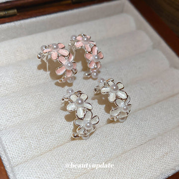 Pastel Enamel Flower Hoop Earrings In Pink And White