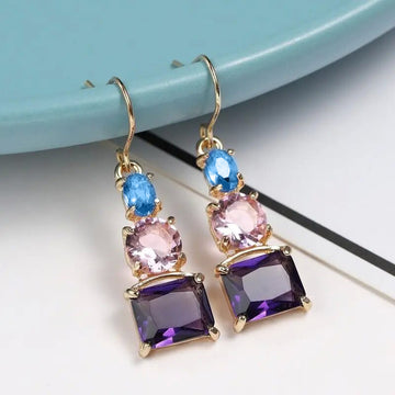 Gold Tone Purple Pink and Blue Geometric Drop Earrings