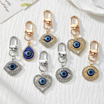 Rhinestone Blue Evil Eye Snap-Hook Keychains in Seven Shapes and Finishes