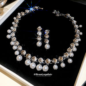Silver Crystal Bead Pearl Necklace and Drop Earrings