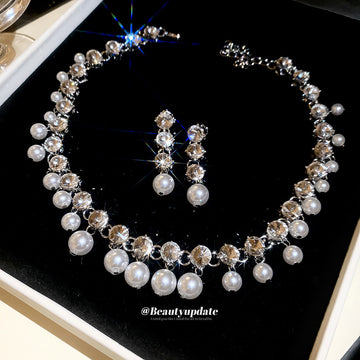 Silver Crystal Bead Pearl Necklace and Drop Earrings
