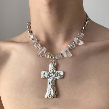 Silver Hammered Cross Pendant Necklace Clear Crystal Beads