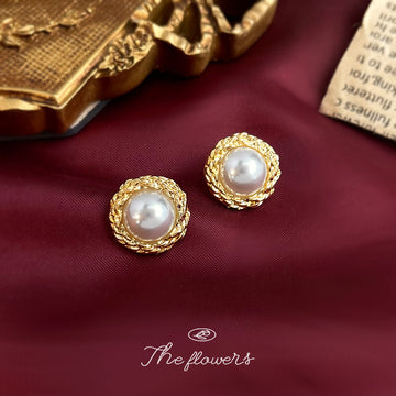 Gold-Tone Twisted Rope Frame Round Pearl Stud Earrings