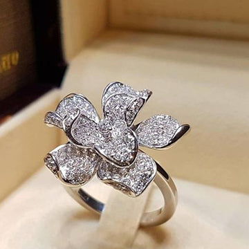 Silver Tone Pave CZ Open Flower Cocktail Finger Ring