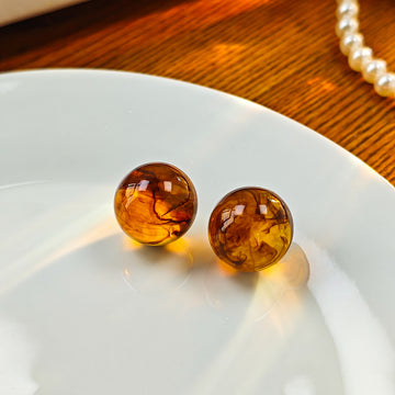 Amber Look Glossy Round Ball Classic Small Stud Earrings