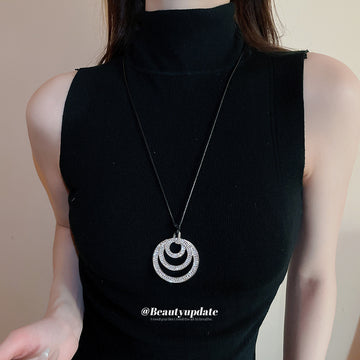 Black Cord Triple Circle Rhinestone Pendant Long Necklace