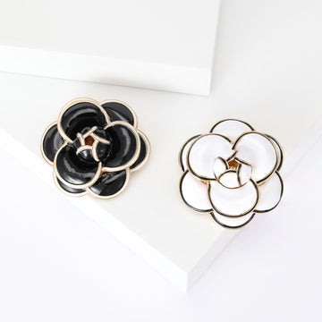 Layered Camellia Flower Enamel Brooch in Black or White
