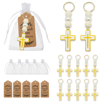 White Cross Bead Keychain With Gold-Tone Split Ring