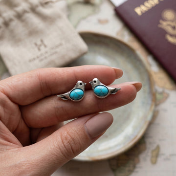 Turquoise Look Bird Antique Silver Tone Small Stud Earrings