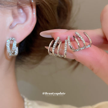 Double Row Crystal C Shaped Stud Earrings Jewelry Accessory