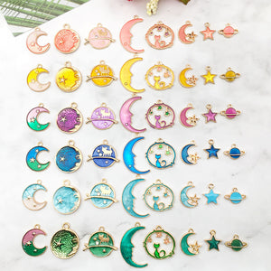 Enamel Moon, Star and Planet Charms in Eight Color Sets, Gold-Tone Alloy