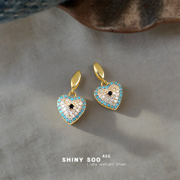 Gold Heart Drop Earrings Turquoise Rim Clear Crystal Pair