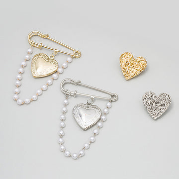 Heart Stud and Safety Pin Chain Brooch Sets in Two Finishes