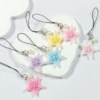 Main product view of pastel Starfish and Pearl Phone Strap Charms in Seven Color Options