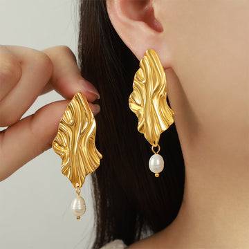 Gold Steel Wavy Leaf Drop Earrings With Pearl Dangles