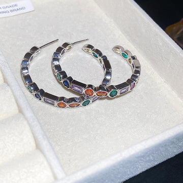Multicolor Crystal Hoop Stud Earrings with Polished Metal Tone Details