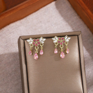 Gold-Tone Pink Floral Fringe Stud Earrings with Teardrop Drops