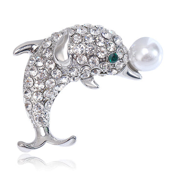 Rhinestone Dolphin Brooch Pearl Accent Silver Gold Tone