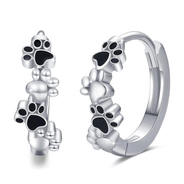 Silver Tone Black Enamel Cat Paw Print Huggie Hoop Earrings