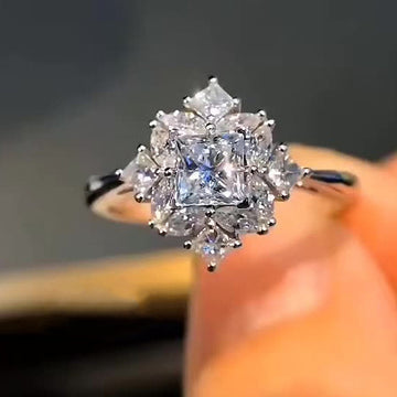 Emerald Cut Crystal Floral Halo Ring in Silver Tone