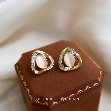 Gold Twisted Triangle Cat Eye CZ Stud Clip Earrings