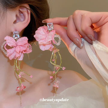 Pink Fabric Flower Statement Earrings in Twenty One Designs
