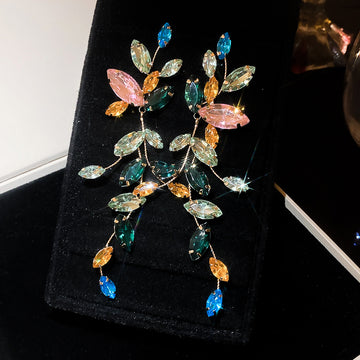 Multicolor Crystal Branch Drop Earrings with Leaf Clusters